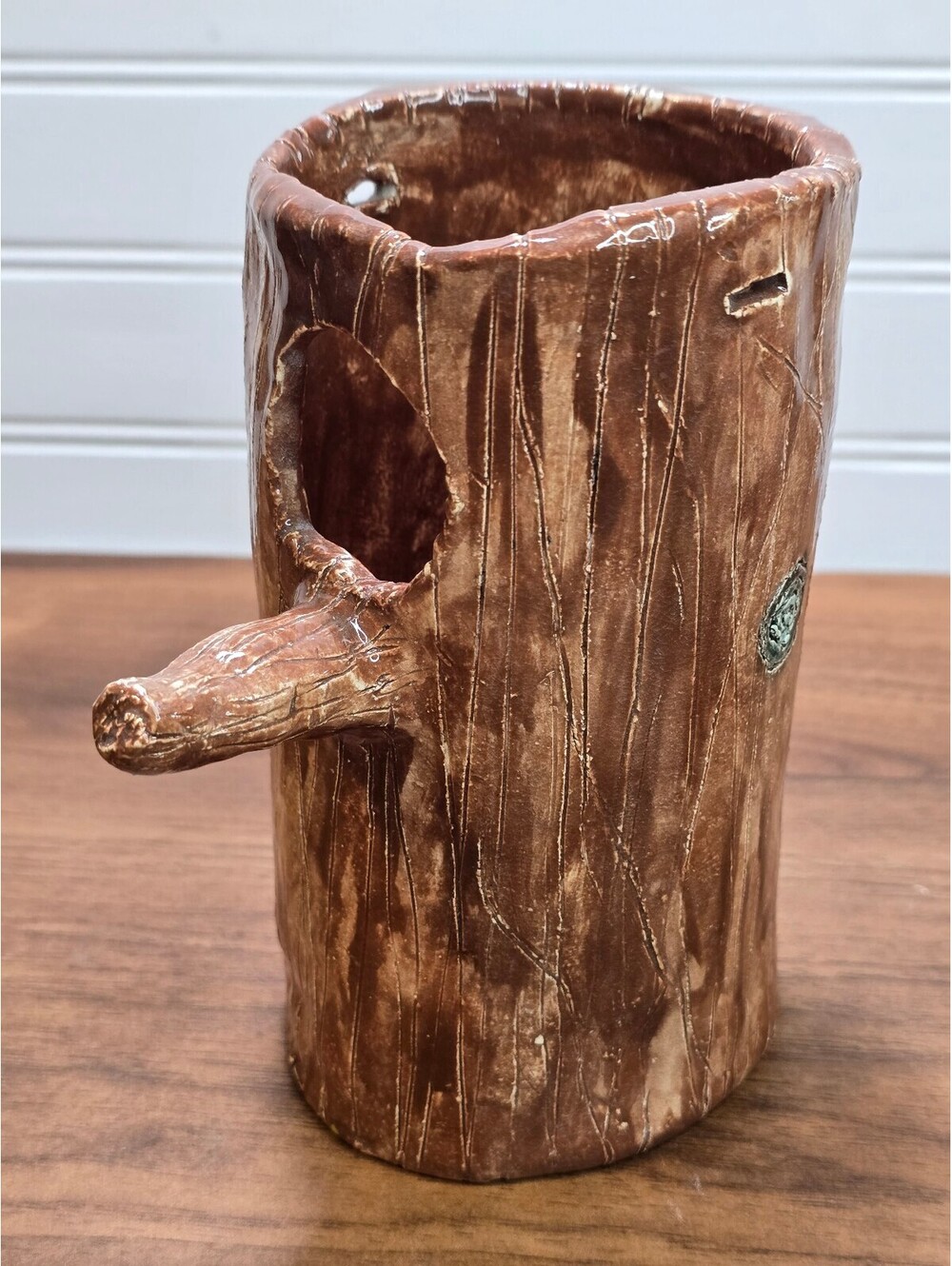 Handmade Folk Art Ceramic Tree Trunk Birdhouse Studio Pottery Vase